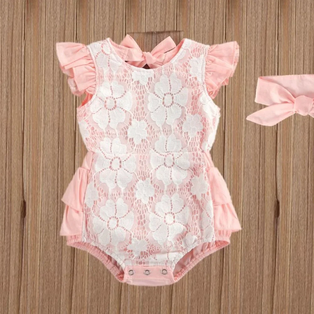 Peach Lace Romper Smash Cake Birthday Outfit Dress Clothes Bodysuit Easter Dress
